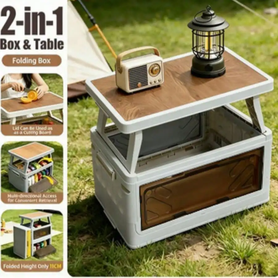 Multi-Functional Outdoor Camping Storage Box With Lift Top Table, Heavy Duty Stackable Rolling Storage Crate With Clear View Door & Lockable Wheels, Collapsible 2-In-1 Storage Bin Table For RV Patio Backyard Garage Dorm Indoor Use