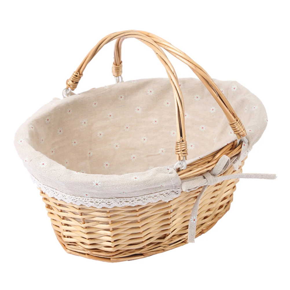 

Picnic Basket Hand Woven Small with Handle Flower Baskets Food Portable Girl Ivory Wicker Decorative Handheld