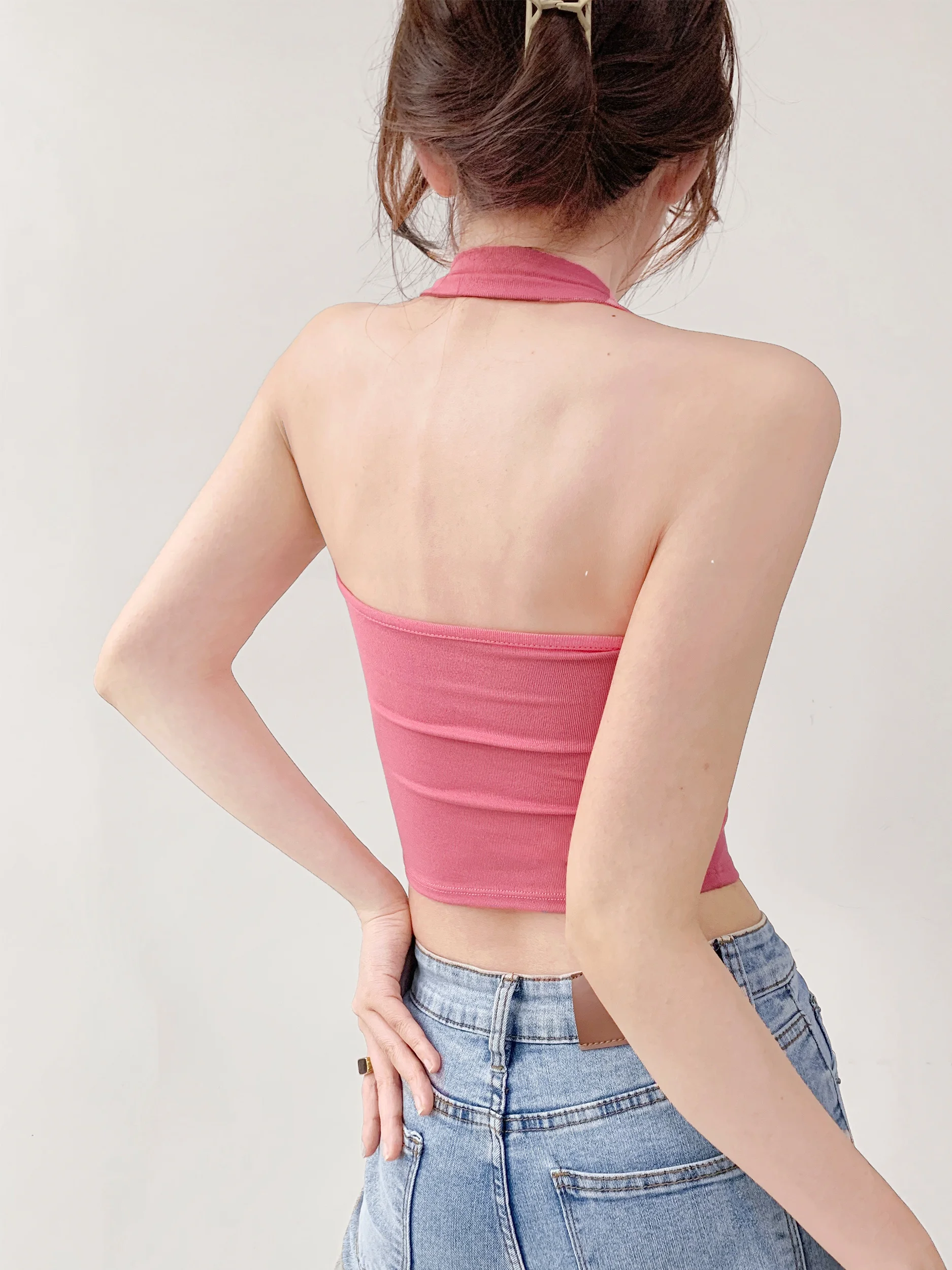 

Summer Slimming ort Crop Top Women's Vintage Sle Pleated Hanging Ne Strap Vest Square Collar Belly Baring Bal