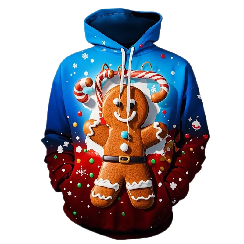 2024 Cute Gingerbread Man Santa Claus Pattern Casual Men's Pullover Children's Christmas Gift Cartoon Christmas Hoodie