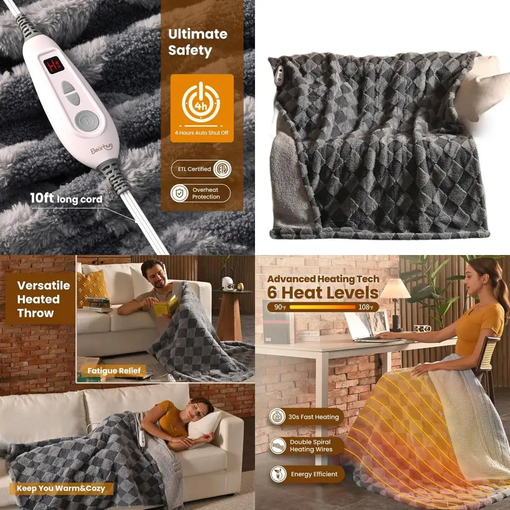 

60 x 50 Electric Throw Blanket, Gray Teddy Faux Fur & Sherpa, 4-Hour Auto-Off, 6 Heat Settings, Reversible, Machine Washable, Gi