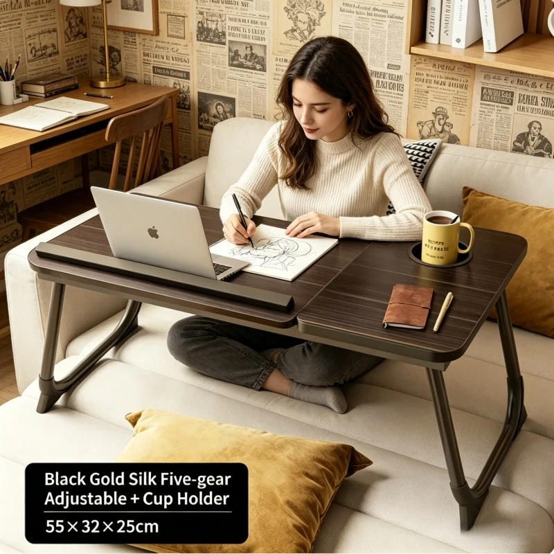 Ventilated Anti-Overheating Design Lap Desk Foldable Adjustable for Bed Work Study with Cup Holder Home Office Student Use