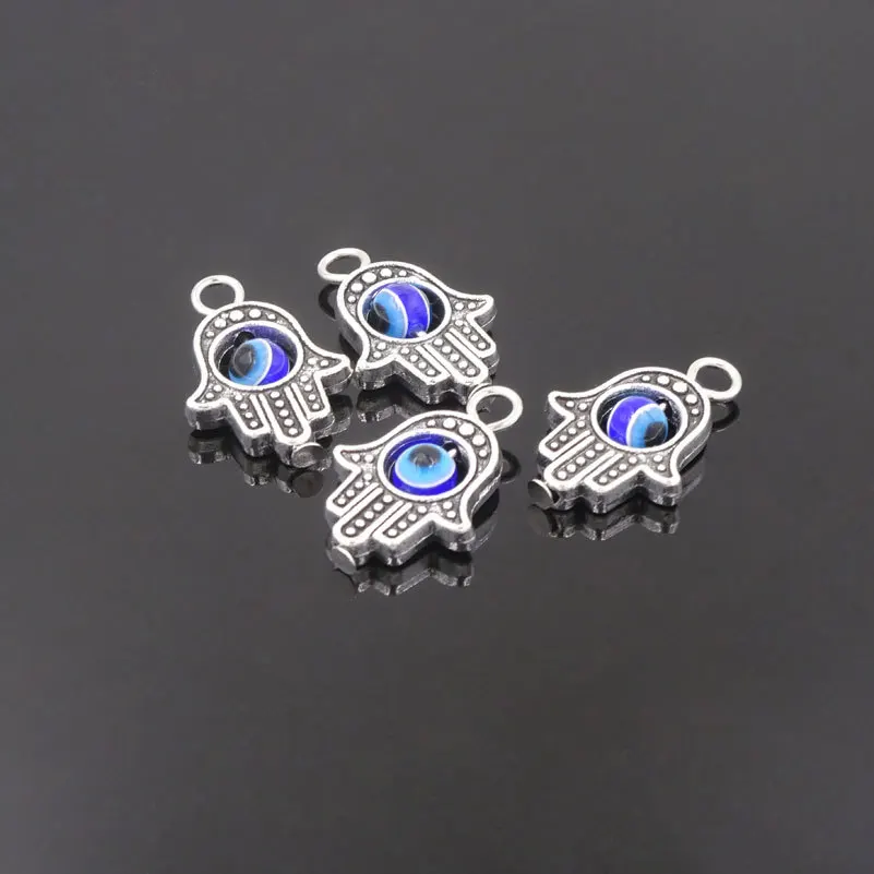 10Pcs Antique Silver Color Hamsa Fatima Hand Charm Evil Blue Eye Bead fit Pendant Necklace Bracelet Jewelry Accessories DIY