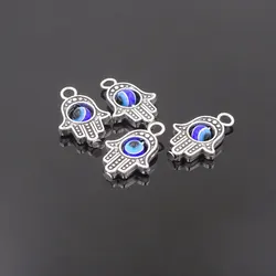10Pcs Antique Silver Color Hamsa Fatima Hand Charm Evil Blue Eye Bead fit Pendant Necklace Bracelet Jewelry Accessories DIY