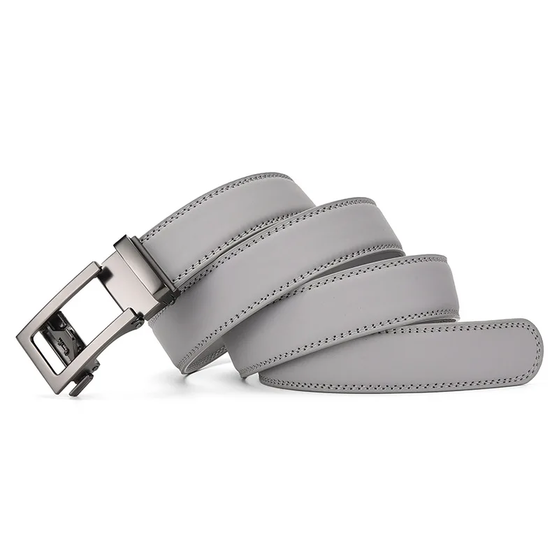 Men Automatic Buckle Belt Two-layer Cowhide Gray Belt Solid Color Straight Belt European And American Trend Pasek Męski Skórzany