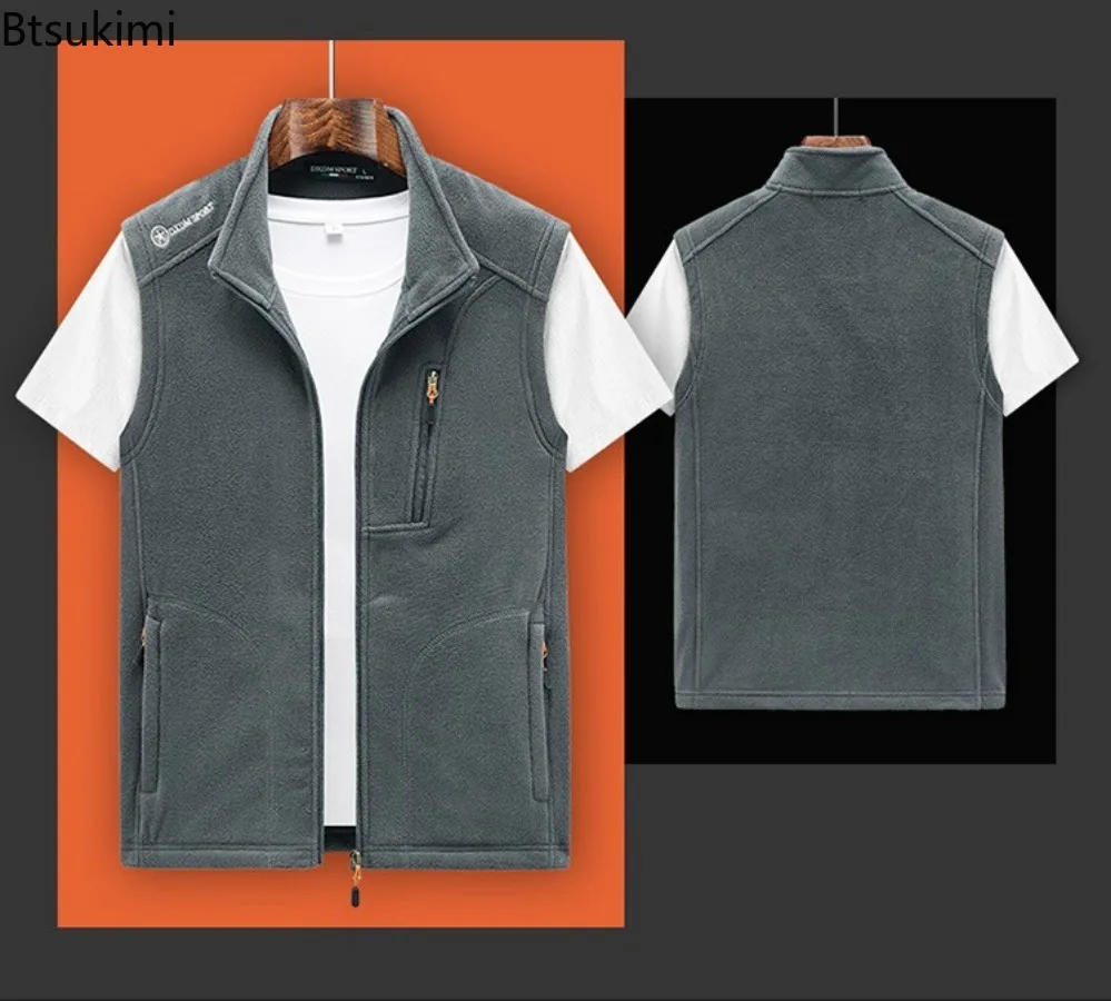 New Autumn Winter Men's Thick Warm Vests Solid Stand Collar Polar Fleece Sleeveless Jackets Outdoor Casual Sports Waistcoats Man