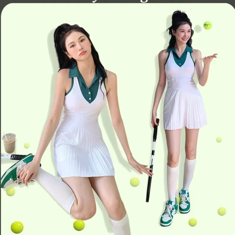 Tennis Dress Women with Shorts V Neck Polo Pleated Badminton Outfit Gym Outdoor  Sport Active Wear Sleeveless Sportswear 2024