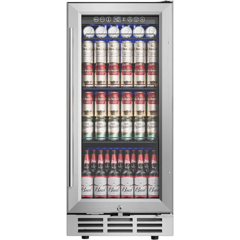 

15'' Beverage Refrigerator Cooler - 126 Cans Under Counter Beverage Fridge with LED Light, Built-in Design, Wine Cooler for Home