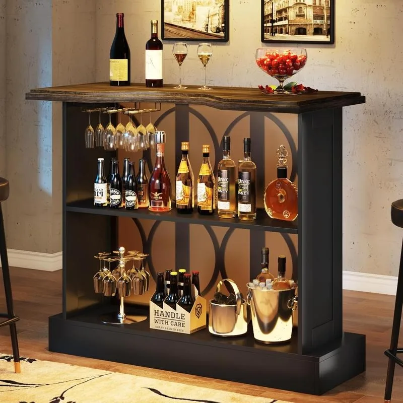 Tribesigns Home Bar Unit, Industrial 3-Tier Liquor Bar Table with Storage and Glasses Holder for Home Kitchen Pub Stylish Utensi