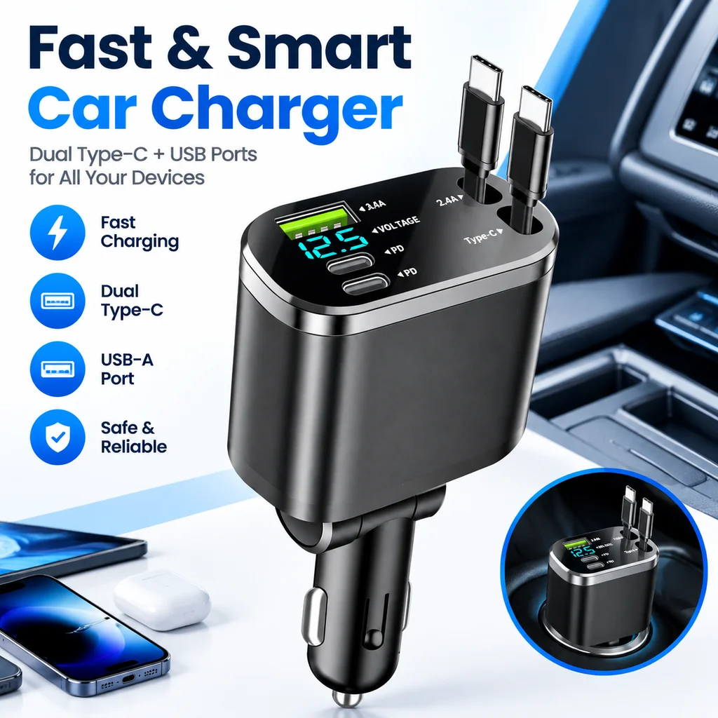 KEBIDUMEI  5IN1 Retractable Car Charger Fast Charging Cord Cigarette Lighter Adapter For iPhone Samsung Xiaomi Car Accessories
