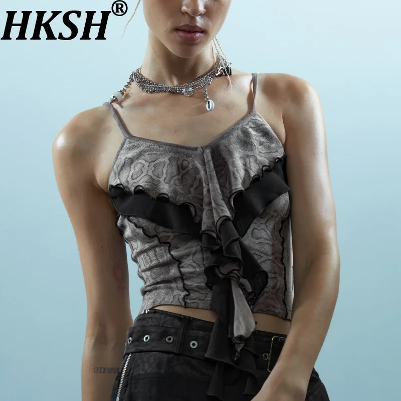 

HKSH Summer New Women Streetwear Chic Stylish Patchwork Ruffles Printed V-neck Camisole Vests Casual Tide Short Tank Tops HK7638