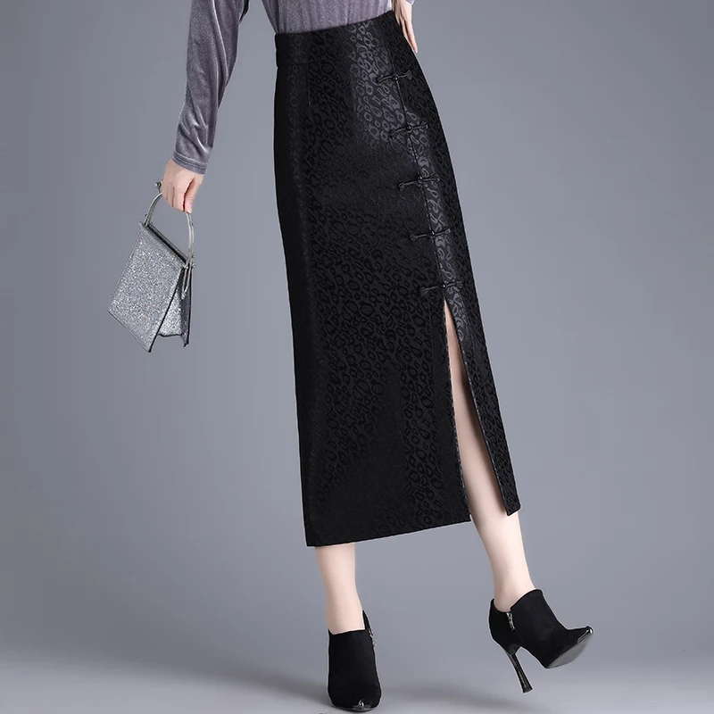 Zuzk retro botão splice meados de comprimento bodycon saia feminina outono inverno novo estilo emagrecimento alta qualidade saia de fibra de poliéster