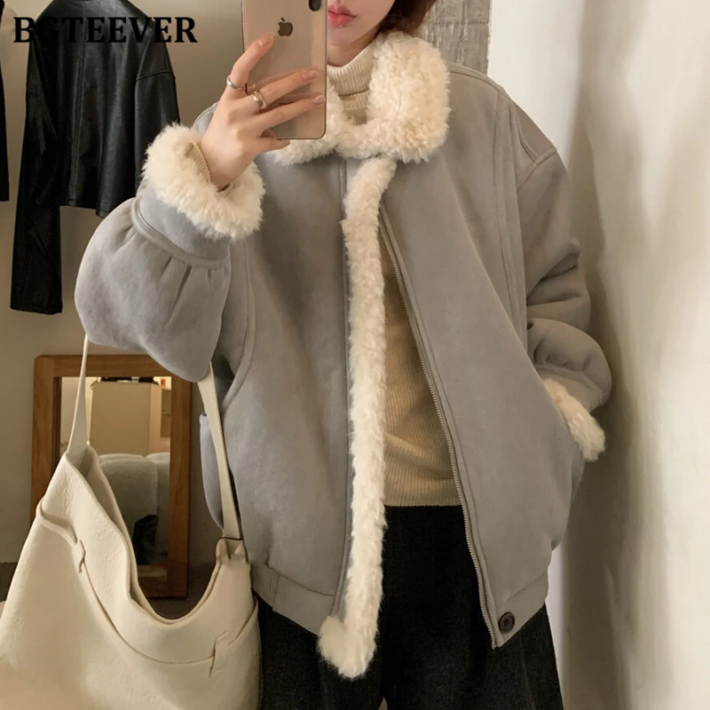 

BGTEEVER Autumn Winter Elegant Lapel Thicken Women Warm Jackets Casual Loose Pockets Long Sleeve Female Single-breasted Coats