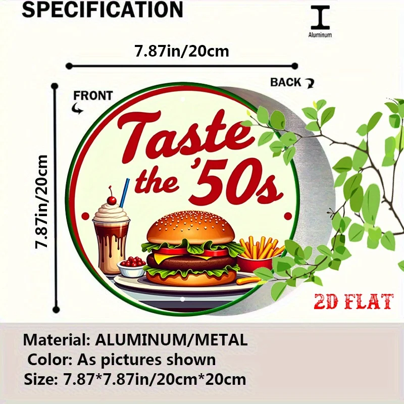 2D Flat, 1pc Vintage 50s Diner Food Metal Sign - Round Wall Art with Burger, Milkshake & Fries Design, 7.8x7.8 Inch Aluminum D
