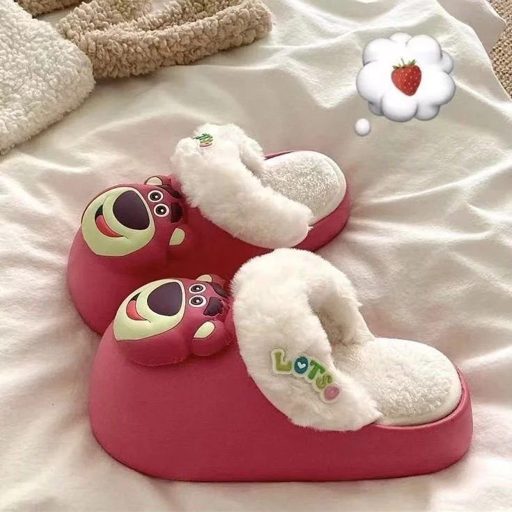 Lotso Huggin Strawberry Bear really pictures 2025 new winter white Rose Red sandals plus big size warm women's slippers