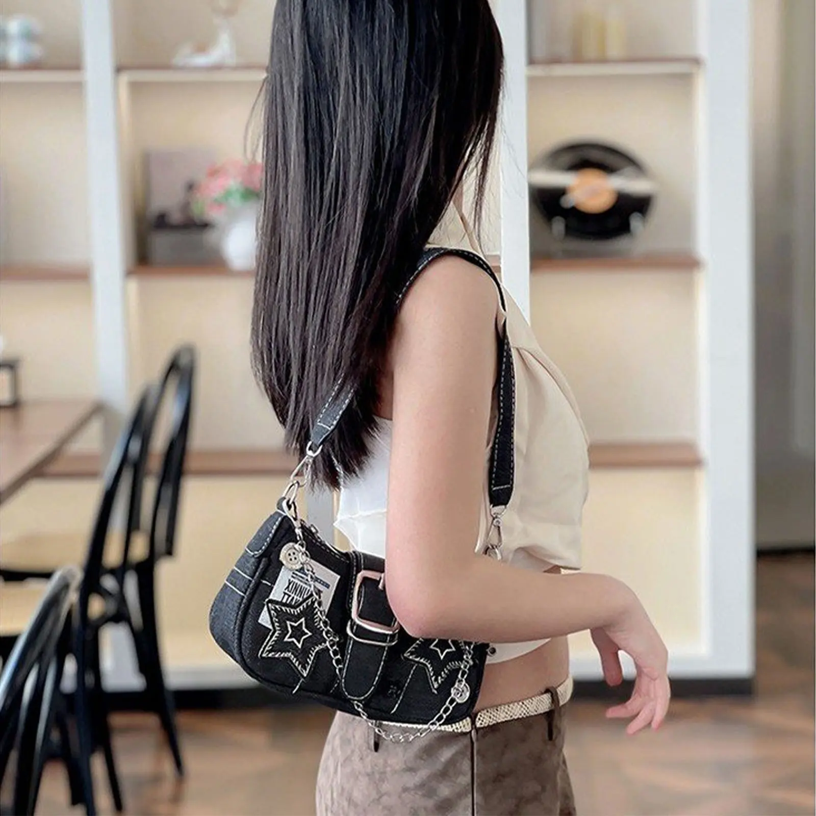 Underarm Bag Hot Girls Shoulder Bag Trendy Star Decor Buckle Decor Handbags Purse Motorcycle Y2K Crossbody Bag Stylish Punk