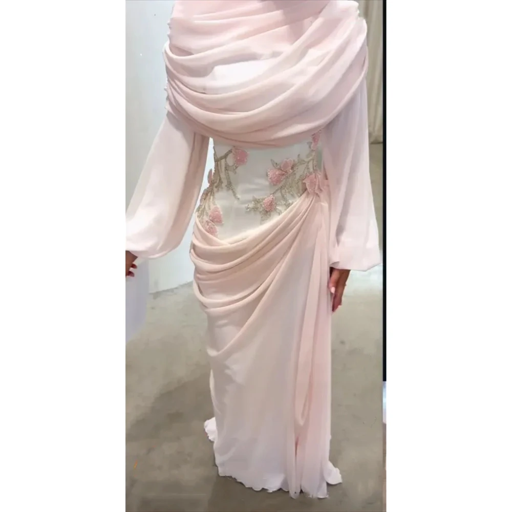 

Pink Evening Dress Customized Chiffon Flowers Pleated Straight High Collar Evening Gowns Floor Length Straight Party Dresses