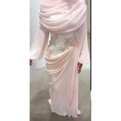 Pink Evening Dress Customized Chiffon Flowers Pleated Straight High Collar Evening Gowns Floor Length Straight Party Dresses