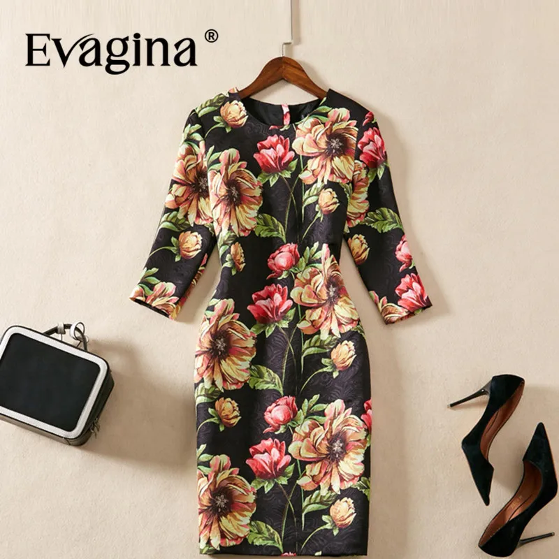 Evagina Fashion Design Spring Summer Women's Three Quarter Sleeved Printing Pretty Slim-Fit Hip Wrap High Street Mini Dresses