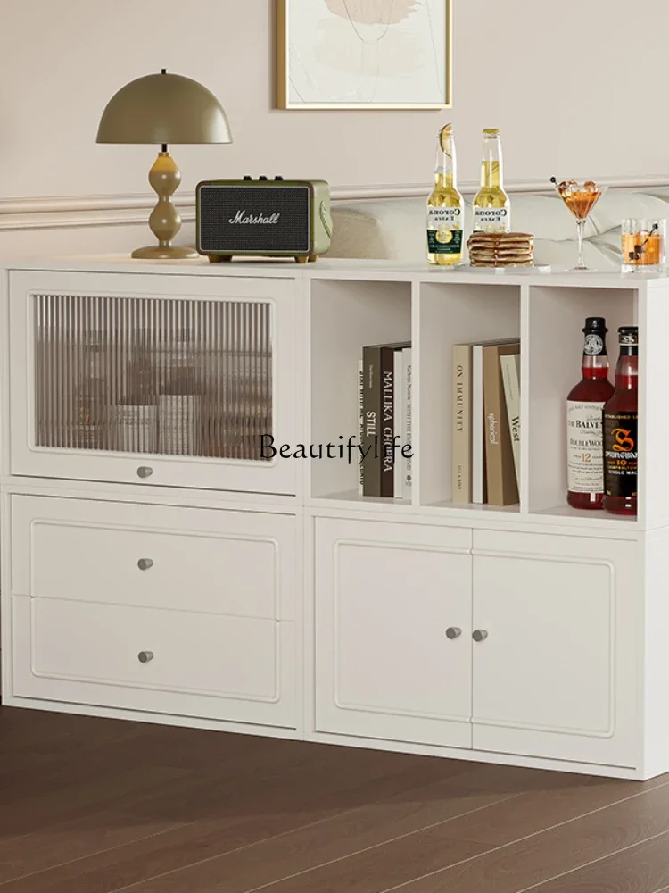 Cream wind belt glass door free combination bucket cabinet solid wood display cabinet