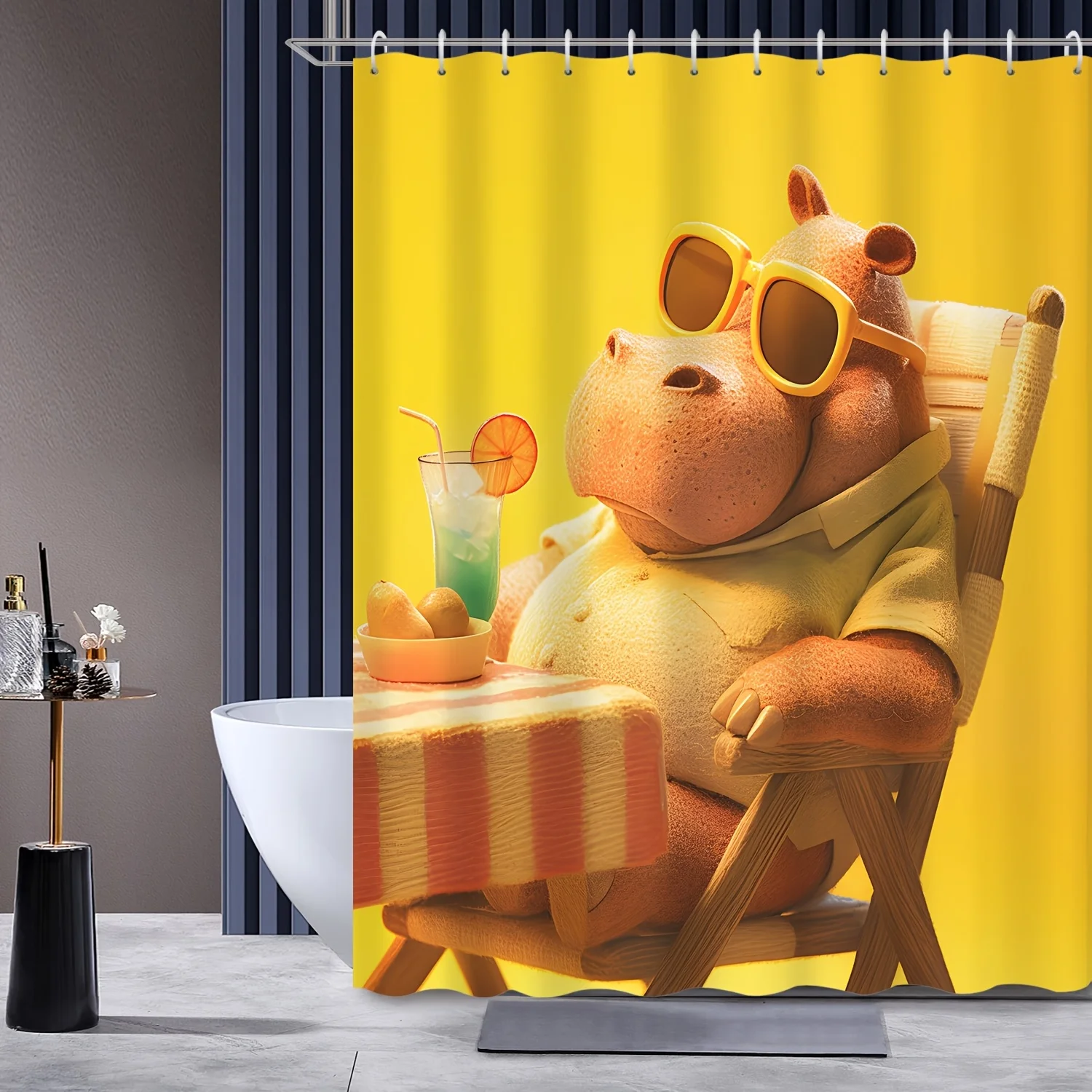 

1 шт., занавеска для душа с животным принтом для послеобеденного чая, бегемота, занавеска для душа, водонепроницаемая полиэфирная ткань, с 12 крючками, вода