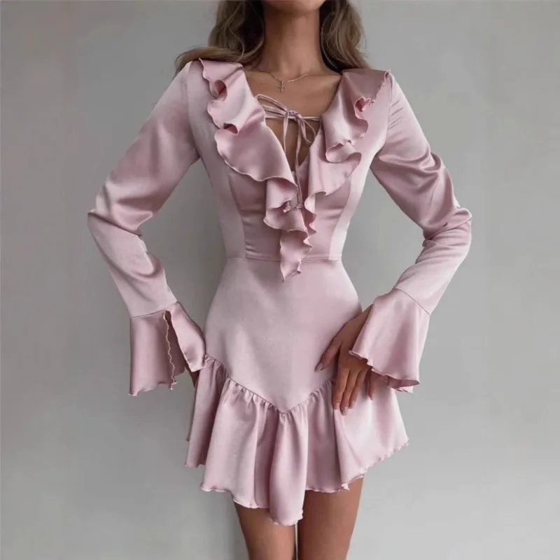 

Talenza Elegant Ruffle Dress Fashion V-Neck Lace-upSlim Sexy Pleated Ruffle Dress New High Waist Luxury Y2k Women Evening Dress