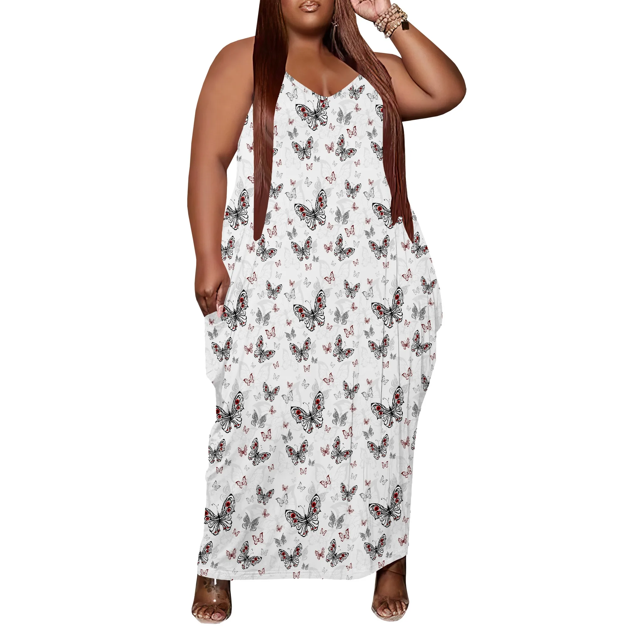 

Women's Plus Size Dress Loose Strap Long Dress with Pocket Stretchy Rustic Butterfly Print XL-6XL​
