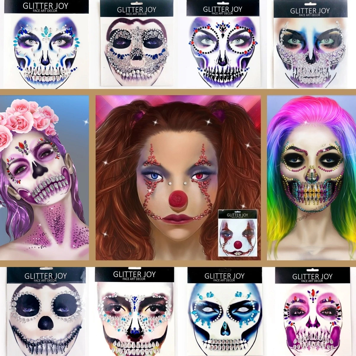 

Rhinestones Terrifying Glitter Sticker Temporary Face Tattoos Exaggerated Fake Tattoo Body Art Decals for Party Festival Cosplay