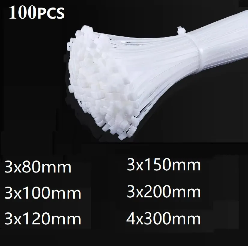 100Pcs 3X80/100/120/150/200mm 4X300mm Nylon White Black Milk Cable Wire Zip Ties Self Locking Cable Tie