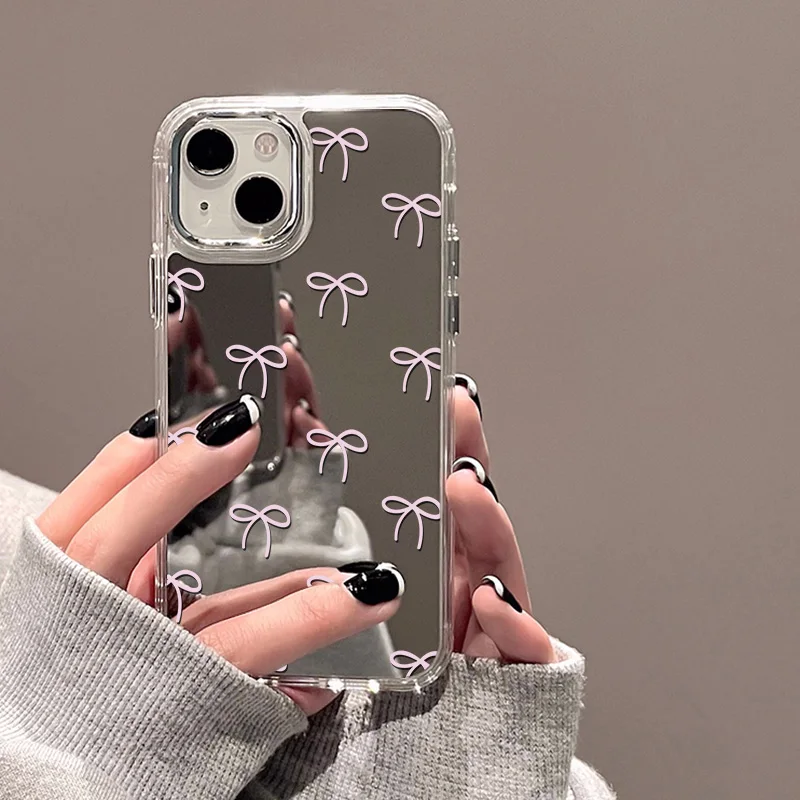 Funda bonita con lazo rosa para iPhone 16 Pro, Funda para iPhone 14 15 13 11 12 17 Pro Max Plus 17Air, Funda trasera con espejo de maquillaje a prueba de golpes
