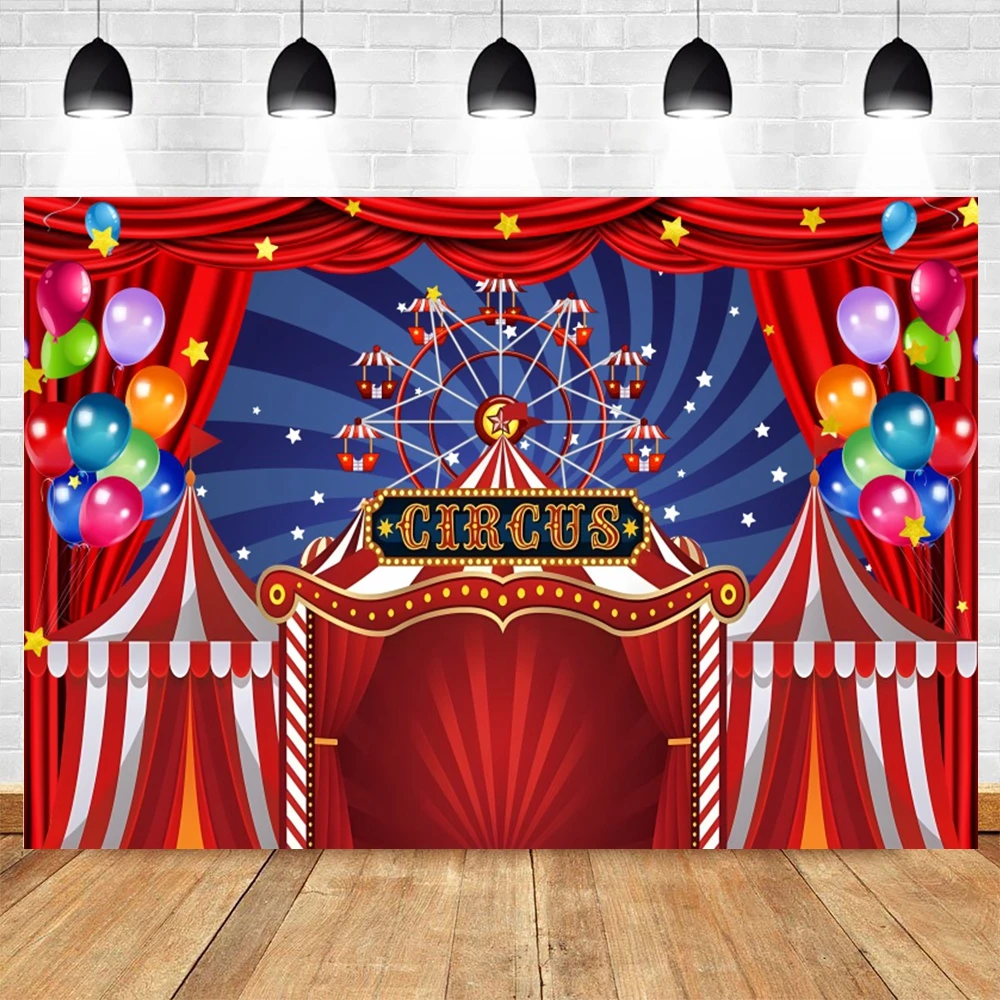 Red Circus Tent Backdrop for Carnival Night Theme Party Baby Shower Kid Birthday Red Curtain Balloon Star Photography Background