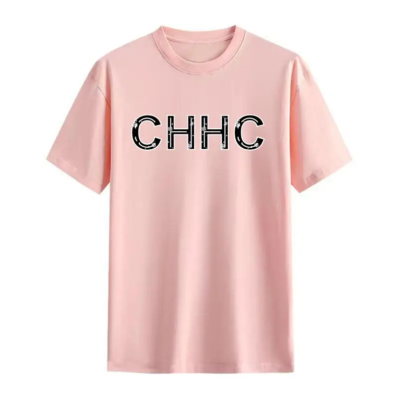 Camiseta CH com letras texturizadas 100% algodão, ajuste confortável, design de impressão exclusivo, top casual unissex para uso diário