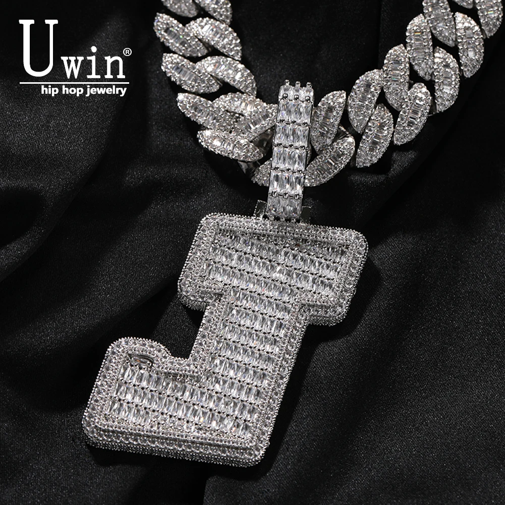 Uwin Name Necklace Custom Baguette Initials Letter Pendant Bold Single Letters Micro Paved Chain Jewelry