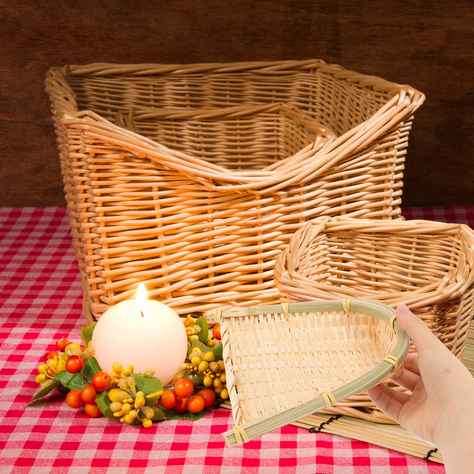 

2pcs Woven Snack Fruit Basket Decorative Storage Baskets for Shelves Bamboo Food Organizer Kitchen Bedroom