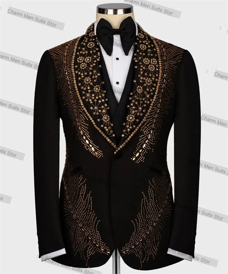 

Formal Golden Beaded Men Suits Set 2 Piece Black Blazer+Pants Custom Made Jacket Office Business Groom Wedding Tuxedo Coat