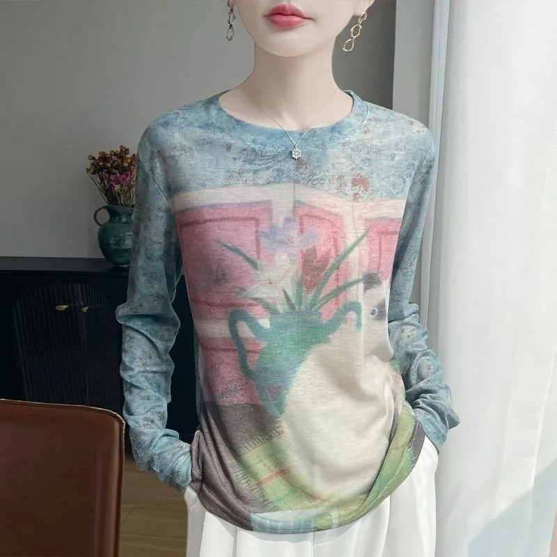 

Spring and Autumn New Style Light Top Long-sleeved Versatile Printed Round Neck T-shirt Sweater