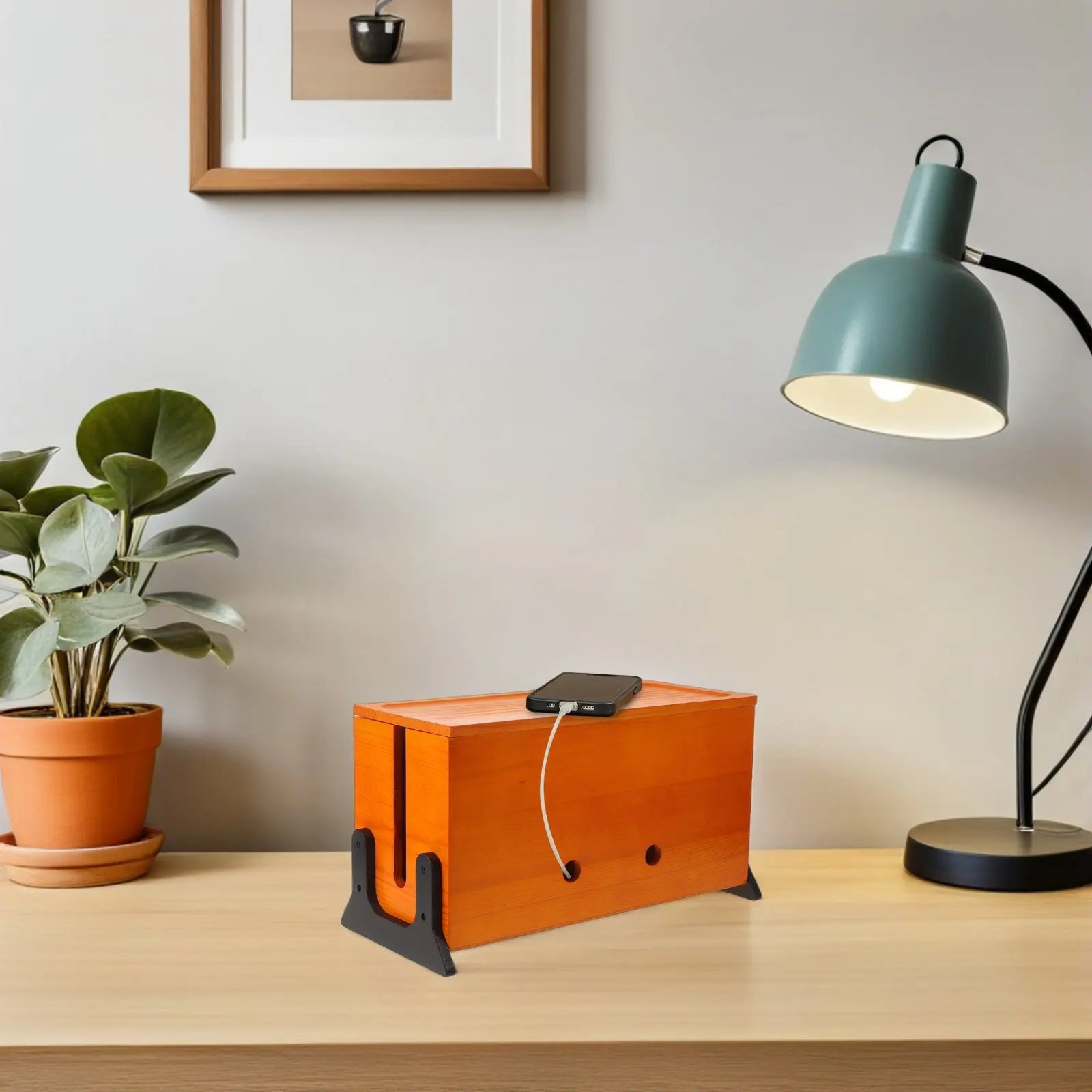 Wooden Cord Concealer Box Desktop Cable Storage Organizer for Power Cords Adapters USB Wires Clean Workspace Desk Wire