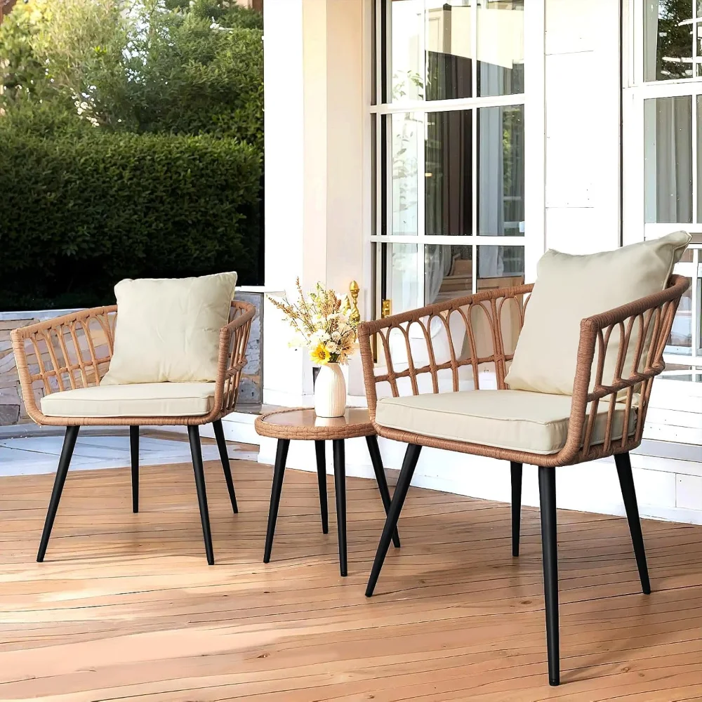 

3 Piece Patio Wicker Bistro Set, All-Weather Outdoor Balcony Furniture Set with Tempered Glass Table and Cushioned Chairs