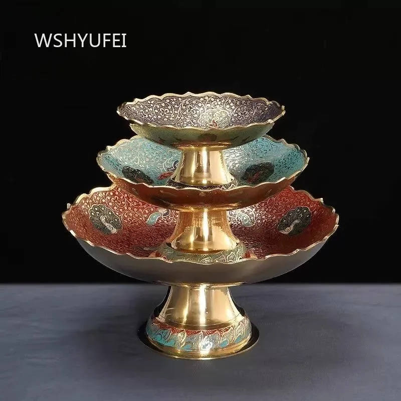 Peacock Fruit Plate Painted Copper Offering High Foot Plate Household Metal Pallet Desktop Ornament Buddha Hall Tribute Plate