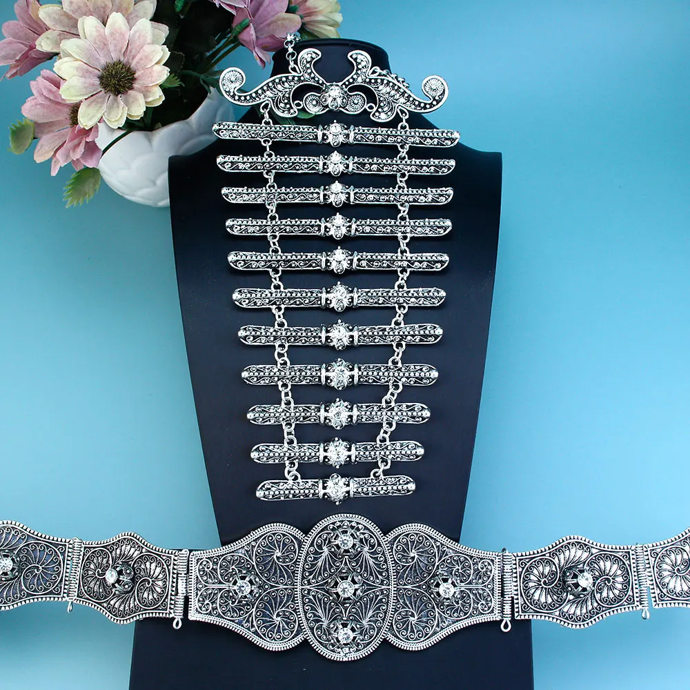 ヴィンテージトルココーカサス女性用ベルト胸飾りセットレジンキレトロゴールドシルバーカラークリスタルスラブ花嫁ウェディングビジュ