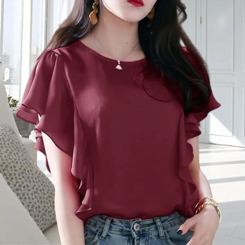 Women\'s Fashion Clothes Butterfly Sleeve Ruffles Patchwork Casual O-Neck Chiffon Blouses 2023 Summer Oversize Solid Basics Shirt