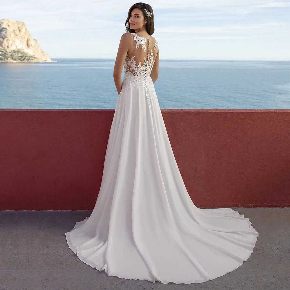 Classic Chiffon Appliques Beach Wedding Dresses with Side Slit V-neck Brush Train Button Back Bridal Gowns Vestidos De Novia