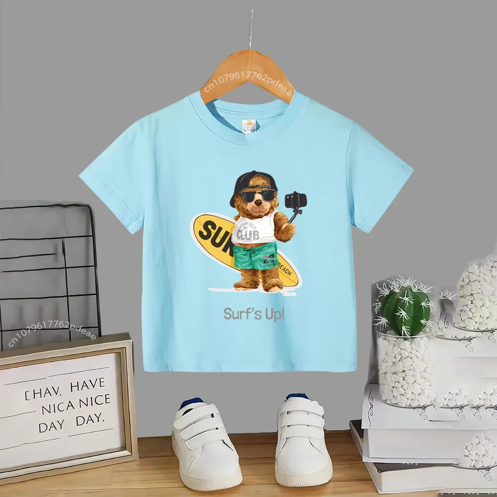 

Kids Summer 100% Cotton T-shirt Cool Bear Sea Side Surf Pattern Kids Comfortable Top Teen Boys Girls Casual cotton T-shirt