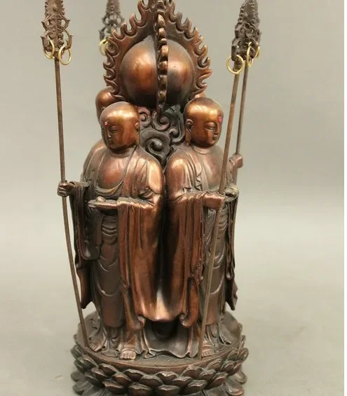 8 Folk Chinese Bronze 4 Face TangSeng Ksitigarbha Boddhisattva Seat Lotus Statue