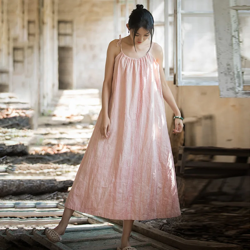 Autumn-Winter Ramie Tie-Dye Maxi Slip Dress, Loose Flowey Style