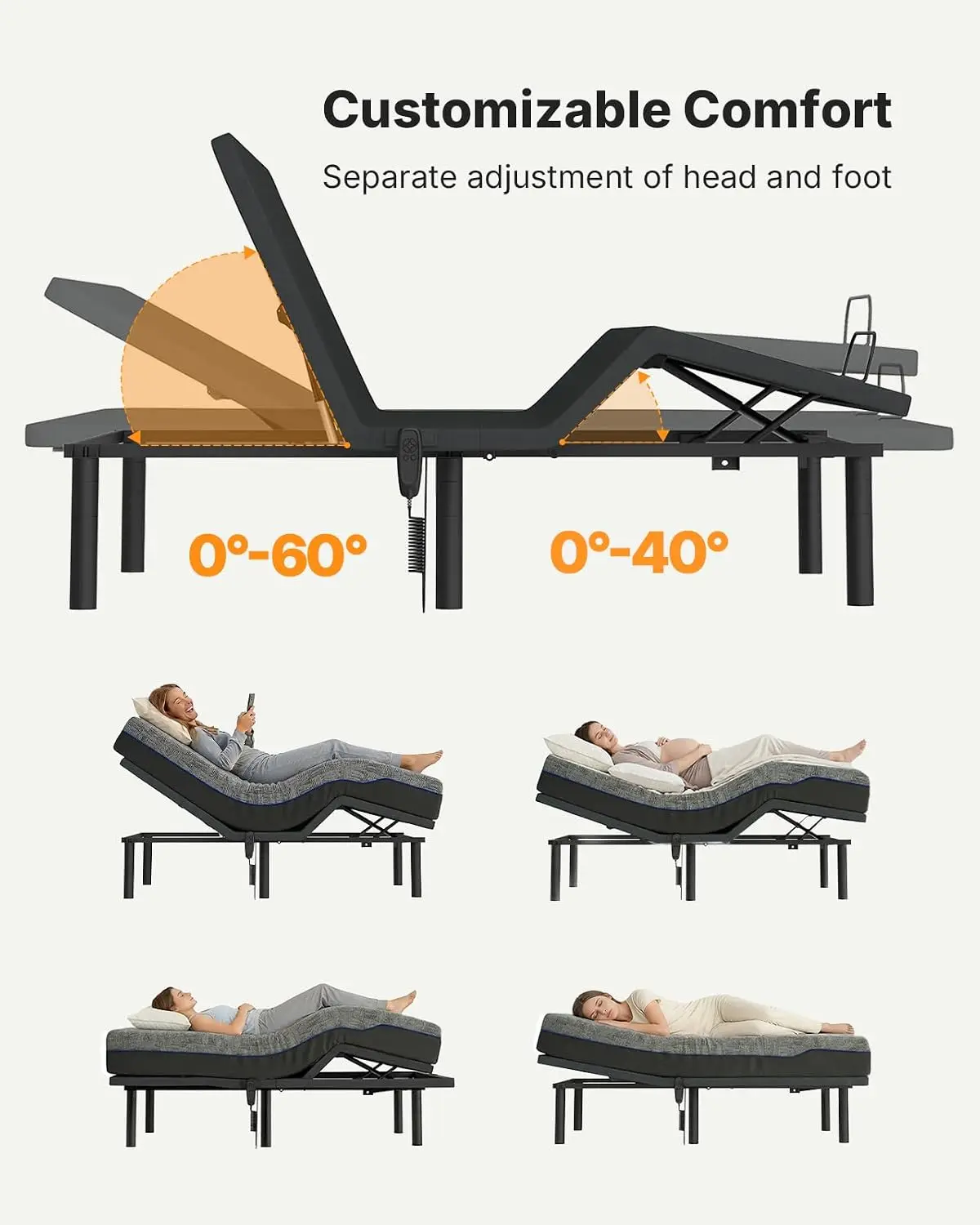 Adjustable Bed Frame King Head & Foot Incline Quiet Motor 750 lbs Wired Remote 4 Height Options, Customized