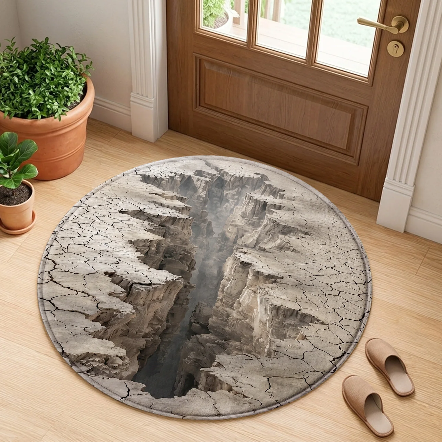 3D Effect Deep Canyon Cliff Cracked Earth Pattern Creative Holiday Luxury Round Mat Elegant Area Rug Home Decor