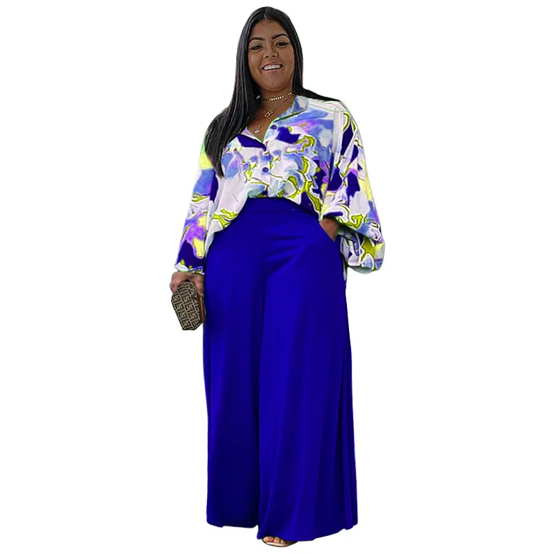 Plus Size Women Clothing Autumn Long Sleeve Printed Top Wide Leg Pants Two Piece Set Oversized Office Lady Elegant Suits Outfits