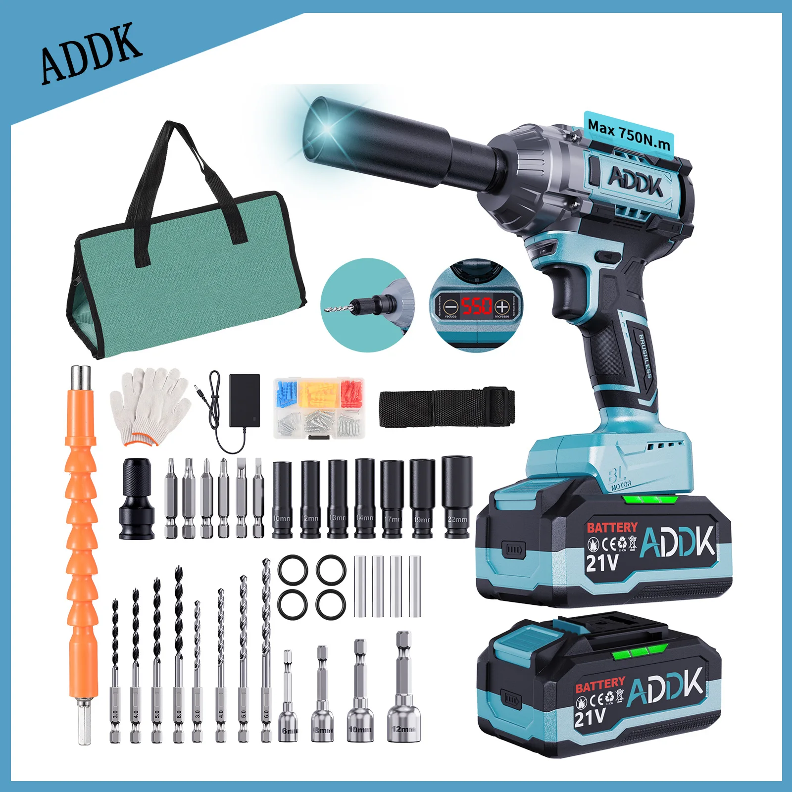 K70103 6-Speed 21V Cordless Impact Wrench, 750 N.m Electric Wrench with LED Light, 2pcs 4.0Ah Battery and 1pc Power Charger