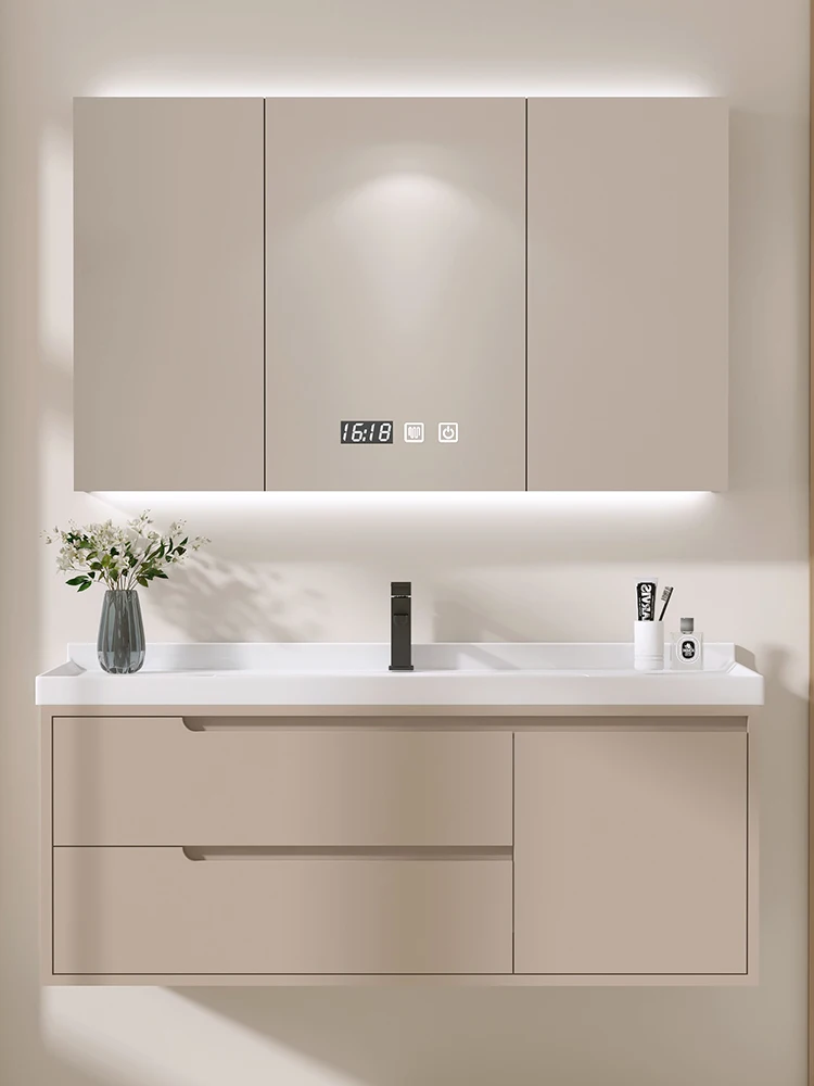 New cream style bathroom cabinet ceramic integrated basin smart mirror hand washing basin cabinet combination washstand